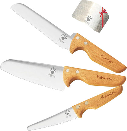 Kids Knife Set for Real Cooking, 4pcs Kids Safe Kitchen Cutting Knives, Stainless Steel Blades, Children First Starter knife, BPA-free (Multicolor)