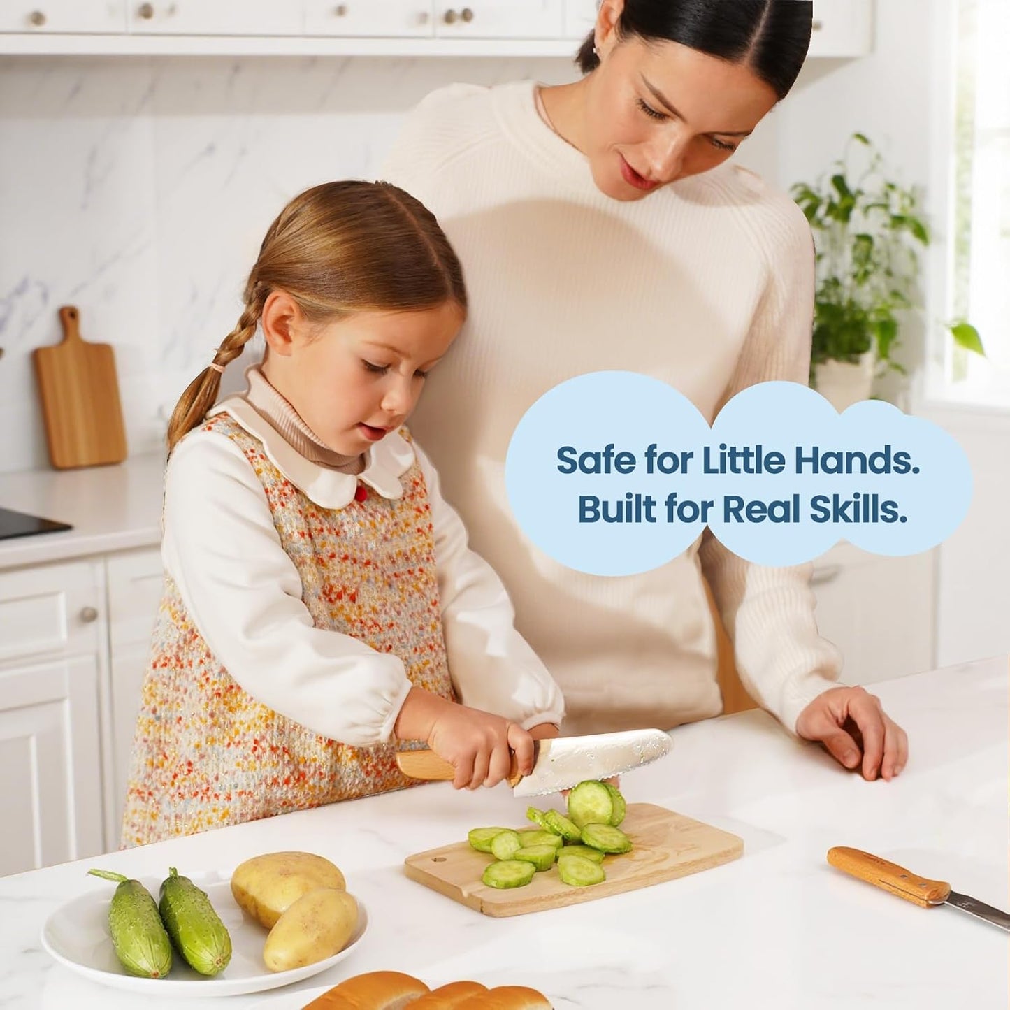 Kids Knife Set for Real Cooking, 4pcs Kids Safe Kitchen Cutting Knives, Stainless Steel Blades, Children First Starter knife, BPA-free (Multicolor)