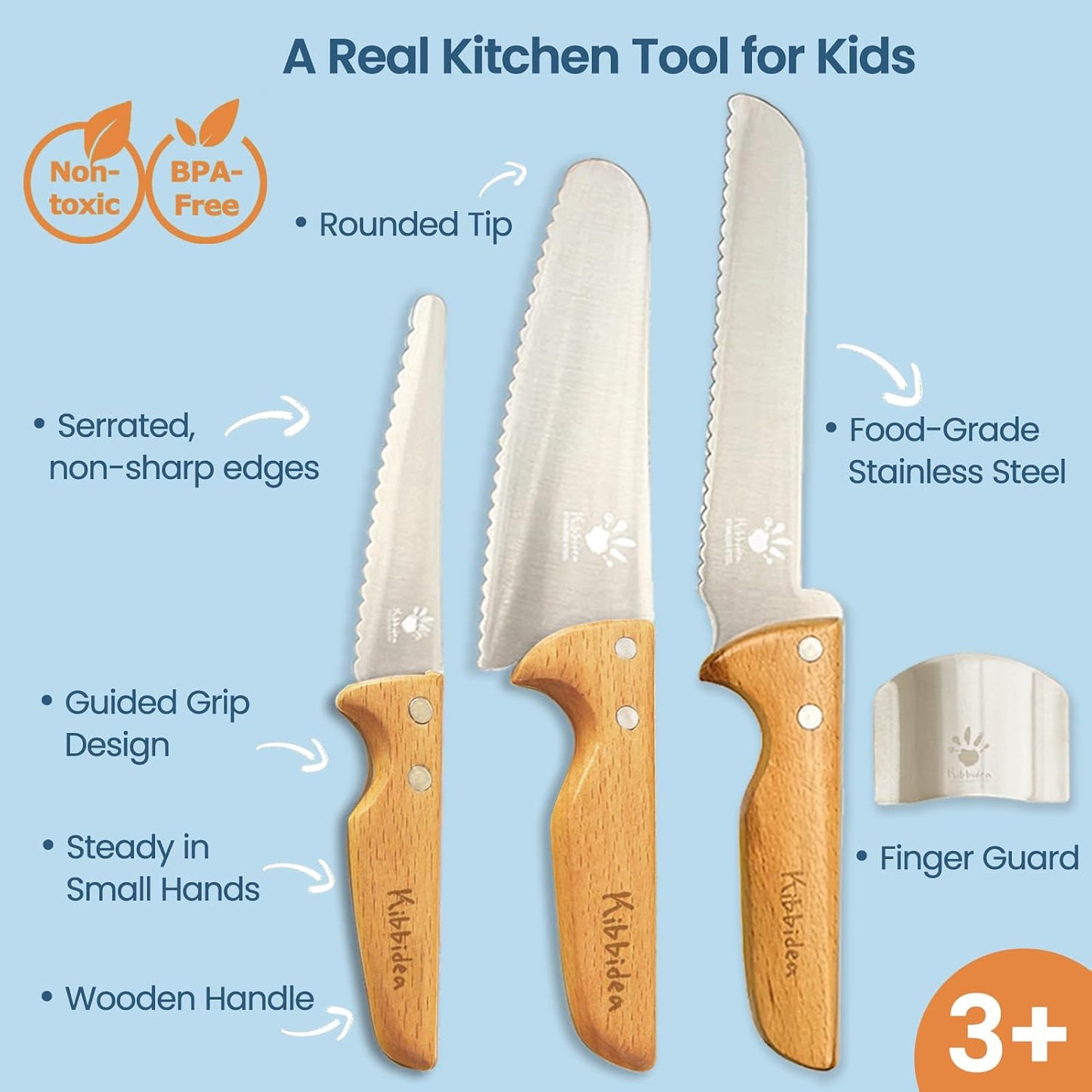 Kids Knife Set for Real Cooking, 4pcs Kids Safe Kitchen Cutting Knives, Stainless Steel Blades, Children First Starter knife, BPA-free (Multicolor)
