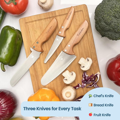 Kids Knife Set for Real Cooking, 4pcs Kids Safe Kitchen Cutting Knives, Stainless Steel Blades, Children First Starter knife, BPA-free (Multicolor)