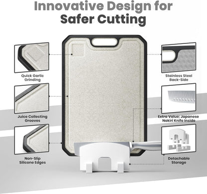 Cutting Board with Nakiri Knife and Storage Stand – Large Double-Sided Stainless Steel Surface & Eco-Friendly Wheat Straw Board with Slip-Resistant Edges