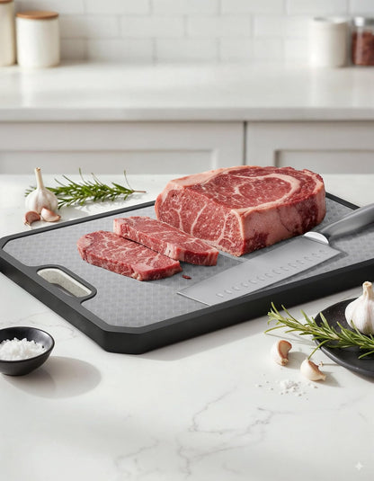 Cutting Board with Nakiri Knife and Storage Stand – Large Double-Sided Stainless Steel Surface & Eco-Friendly Wheat Straw Board with Slip-Resistant Edges