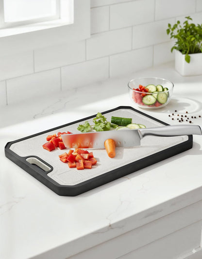 Cutting Board with Nakiri Knife and Storage Stand – Large Double-Sided Stainless Steel Surface & Eco-Friendly Wheat Straw Board with Slip-Resistant Edges