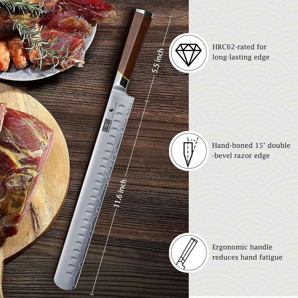 12" Brisket Slicing Knife, Japanese Carving Knife for Meat & BBQ | High Carbon Steel Slicing Knife, Razor Sharp Butcher Knife with Ergonomic Handle & Roast Beef, Turkey, Grilling Gift for Men