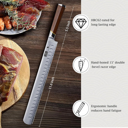 12" Brisket Slicing Knife, Japanese Carving Knife for Meat & BBQ | High Carbon Steel Slicing Knife, Razor Sharp Butcher Knife with Ergonomic Handle & Roast Beef, Turkey, Grilling Gift for Men