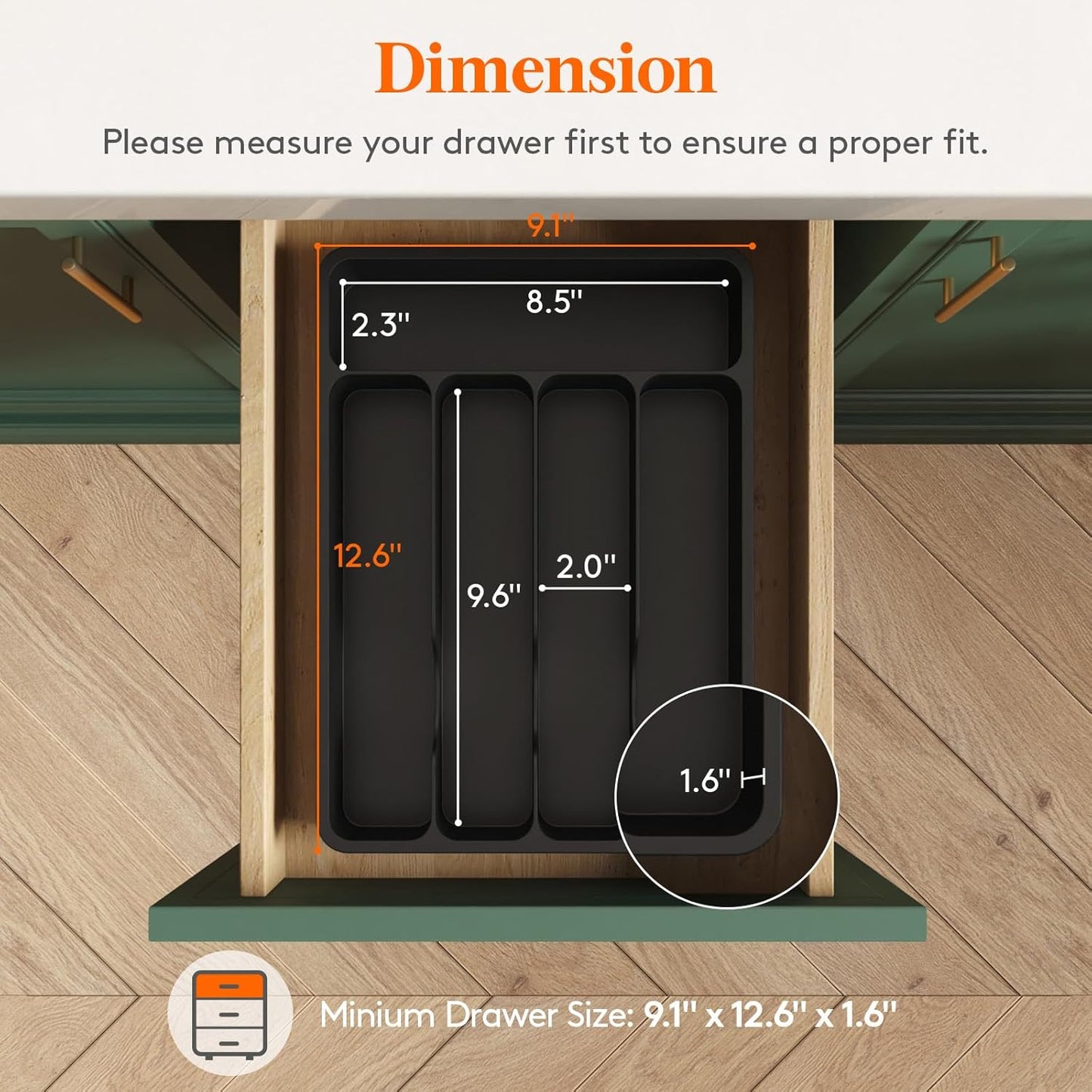 Silverware Drawer Organizer Tray, Plastic Cutlery Storage for Kitchen, Flatware and Utensil Holder Divider for Spoons Forks Knives Tableware, 9.1 x 12.6", 5 Slots, Black
