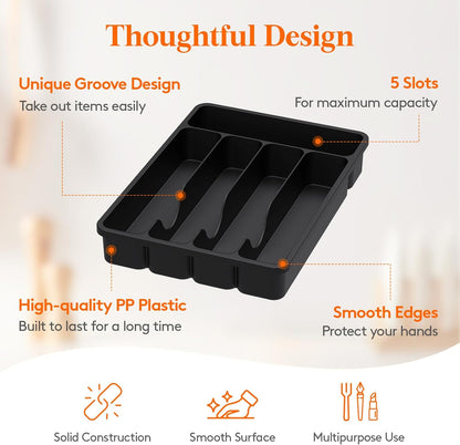 Silverware Drawer Organizer Tray, Plastic Cutlery Storage for Kitchen, Flatware and Utensil Holder Divider for Spoons Forks Knives Tableware, 9.1 x 12.6", 5 Slots, Black