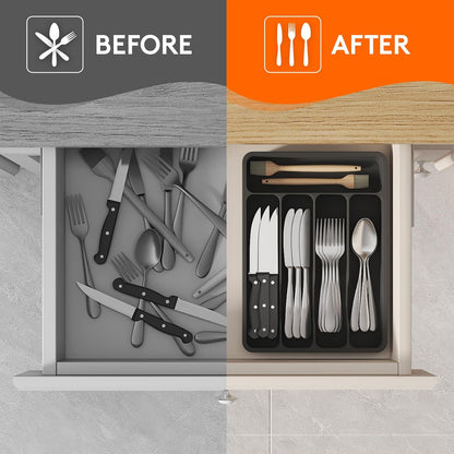 Silverware Drawer Organizer Tray, Plastic Cutlery Storage for Kitchen, Flatware and Utensil Holder Divider for Spoons Forks Knives Tableware, 9.1 x 12.6", 5 Slots, Black