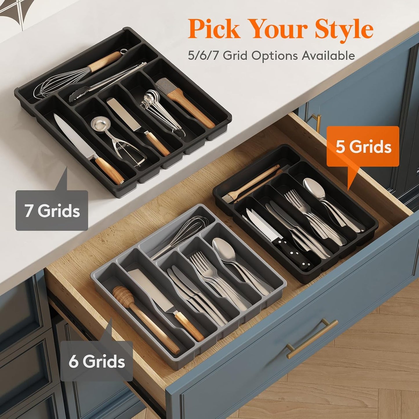 Silverware Drawer Organizer Tray, Plastic Cutlery Storage for Kitchen, Flatware and Utensil Holder Divider for Spoons Forks Knives Tableware, 9.1 x 12.6", 5 Slots, Black