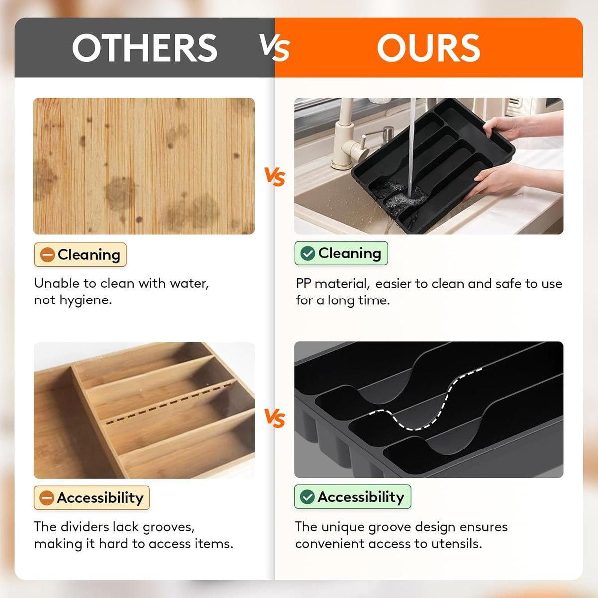 Silverware Drawer Organizer Tray, Plastic Cutlery Storage for Kitchen, Flatware and Utensil Holder Divider for Spoons Forks Knives Tableware, 9.1 x 12.6", 5 Slots, Black