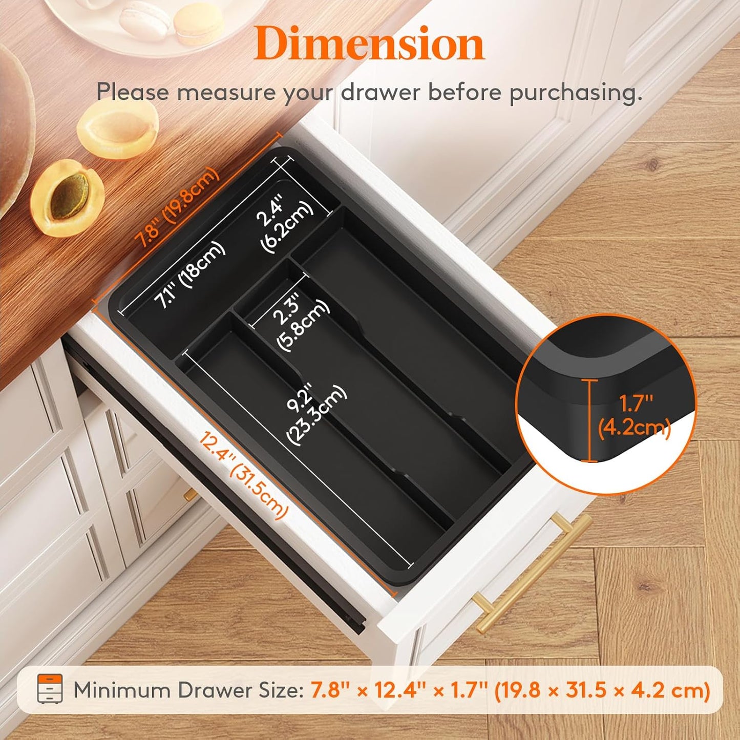 Silverware Drawer Organizer Tray, Plastic Cutlery Storage for Kitchen, Flatware and Utensil Holder Divider for Spoons Forks Knives Tableware, 9.1 x 12.6", 5 Slots, Black