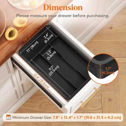 Silverware Drawer Organizer Tray, Plastic Cutlery Storage for Kitchen, Flatware and Utensil Holder Divider for Spoons Forks Knives Tableware, 9.1 x 12.6", 5 Slots, Black