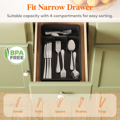 Silverware Drawer Organizer Tray, Plastic Cutlery Storage for Kitchen, Flatware and Utensil Holder Divider for Spoons Forks Knives Tableware, 9.1 x 12.6", 5 Slots, Black