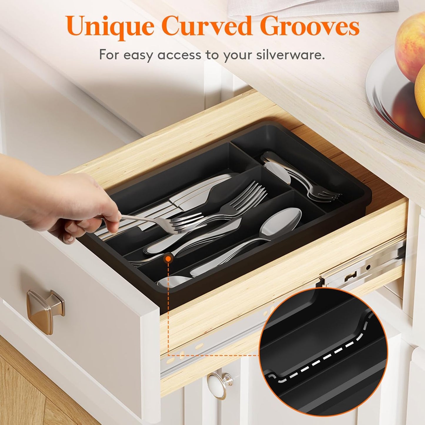 Silverware Drawer Organizer Tray, Plastic Cutlery Storage for Kitchen, Flatware and Utensil Holder Divider for Spoons Forks Knives Tableware, 9.1 x 12.6", 5 Slots, Black
