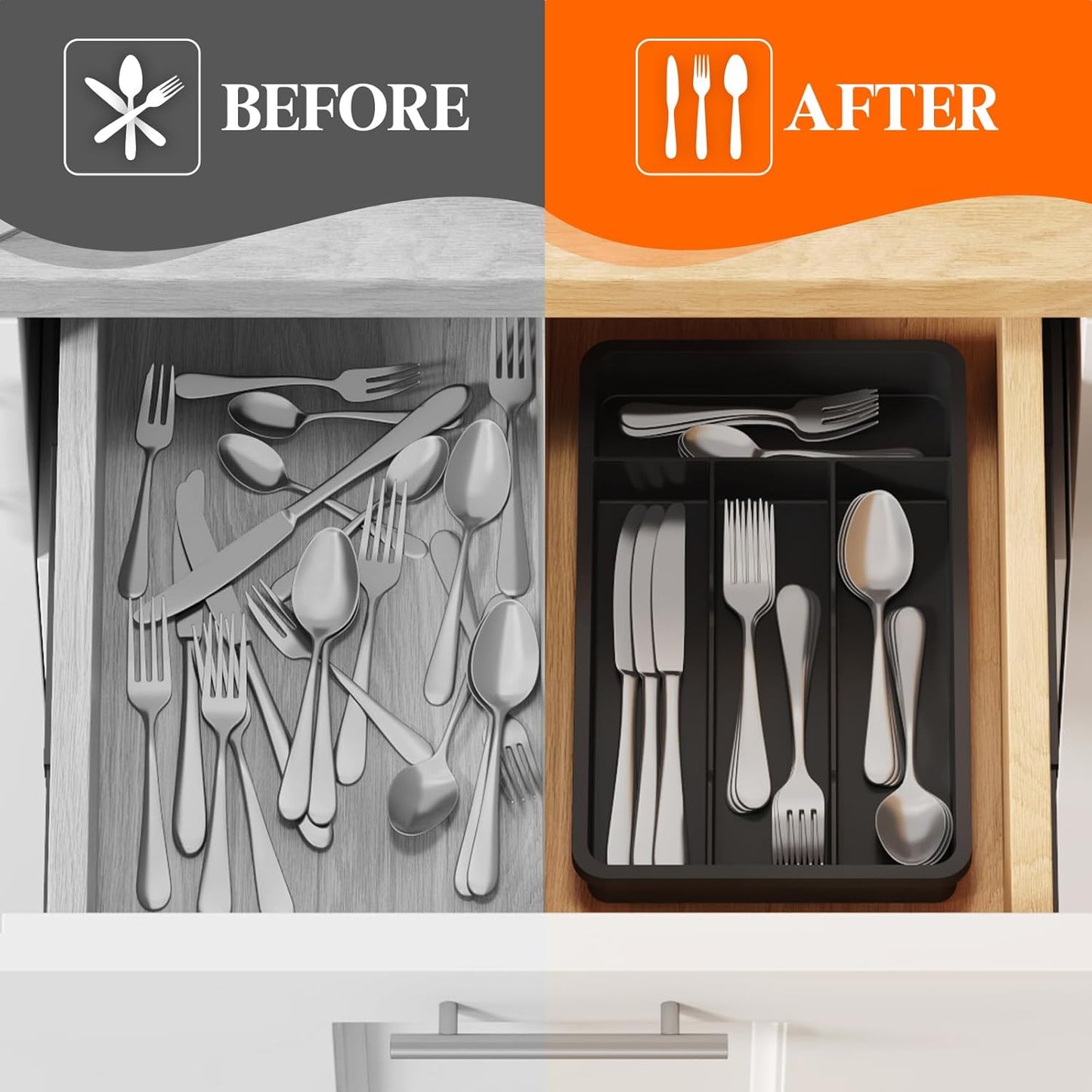 Silverware Drawer Organizer Tray, Plastic Cutlery Storage for Kitchen, Flatware and Utensil Holder Divider for Spoons Forks Knives Tableware, 9.1 x 12.6", 5 Slots, Black