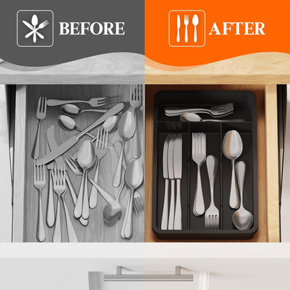 Silverware Drawer Organizer Tray, Plastic Cutlery Storage for Kitchen, Flatware and Utensil Holder Divider for Spoons Forks Knives Tableware, 9.1 x 12.6", 5 Slots, Black