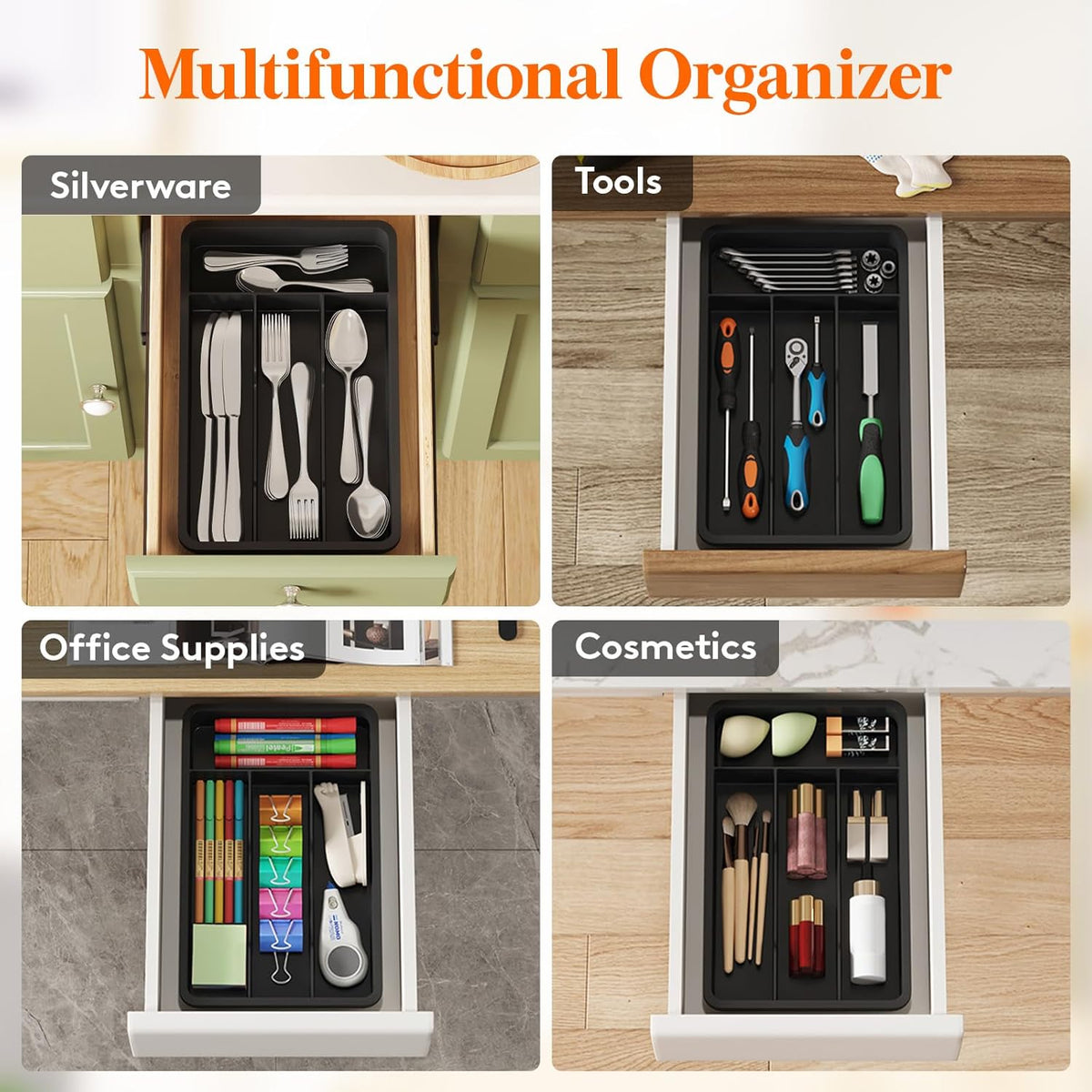 Silverware Drawer Organizer Tray, Plastic Cutlery Storage for Kitchen, Flatware and Utensil Holder Divider for Spoons Forks Knives Tableware, 9.1 x 12.6", 5 Slots, Black