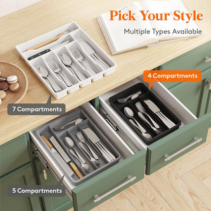 Silverware Drawer Organizer Tray, Plastic Cutlery Storage for Kitchen, Flatware and Utensil Holder Divider for Spoons Forks Knives Tableware, 9.1 x 12.6", 5 Slots, Black