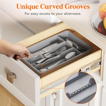 Silverware Drawer Organizer Tray, Plastic Cutlery Storage for Kitchen, Flatware and Utensil Holder Divider for Spoons Forks Knives Tableware, 9.1 x 12.6", 5 Slots, Black