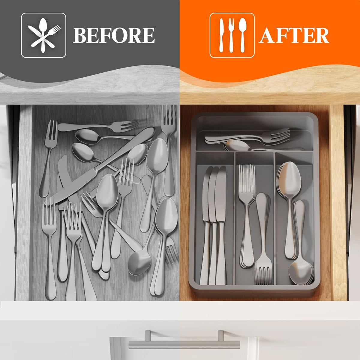 Silverware Drawer Organizer Tray, Plastic Cutlery Storage for Kitchen, Flatware and Utensil Holder Divider for Spoons Forks Knives Tableware, 9.1 x 12.6", 5 Slots, Black
