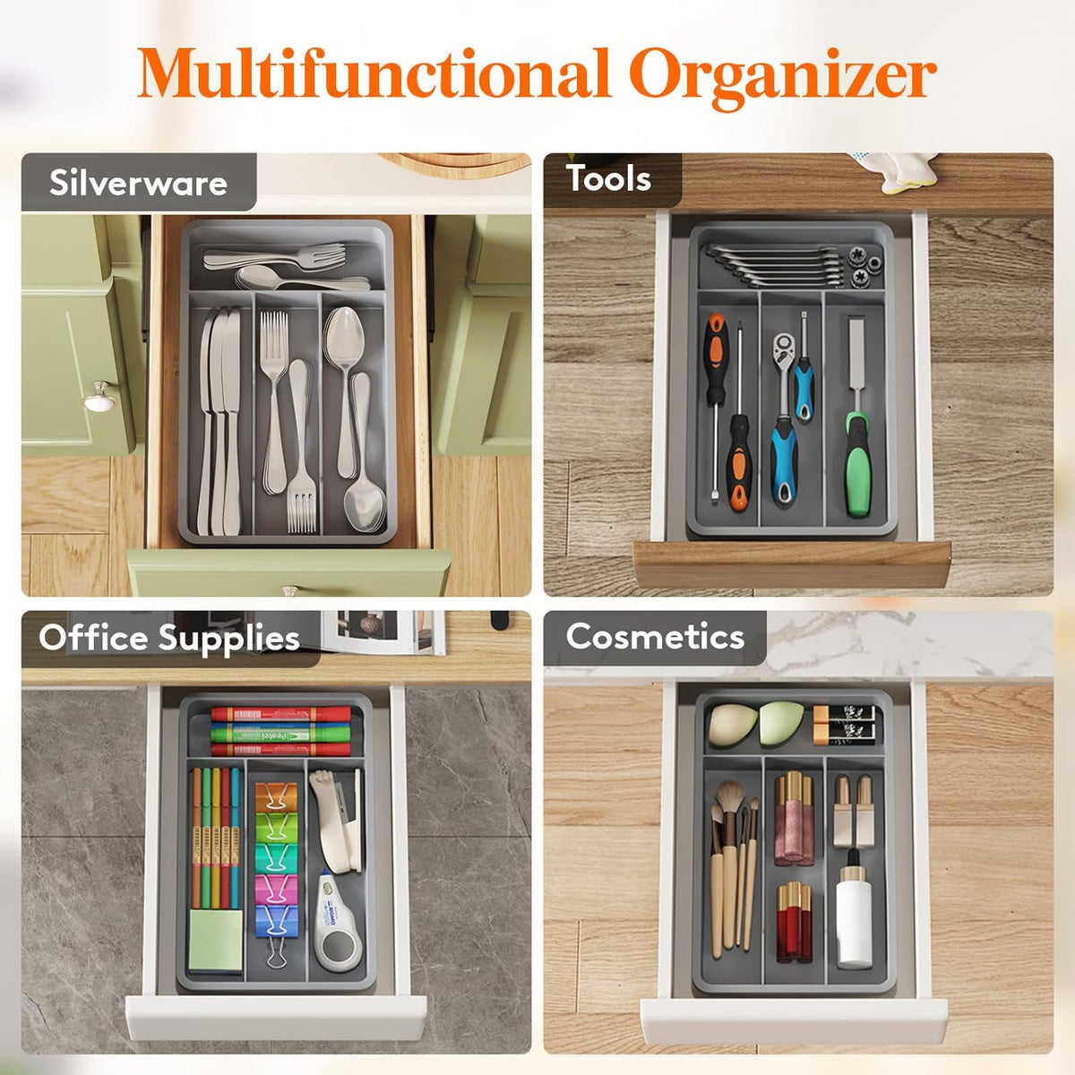 Silverware Drawer Organizer Tray, Plastic Cutlery Storage for Kitchen, Flatware and Utensil Holder Divider for Spoons Forks Knives Tableware, 9.1 x 12.6", 5 Slots, Black