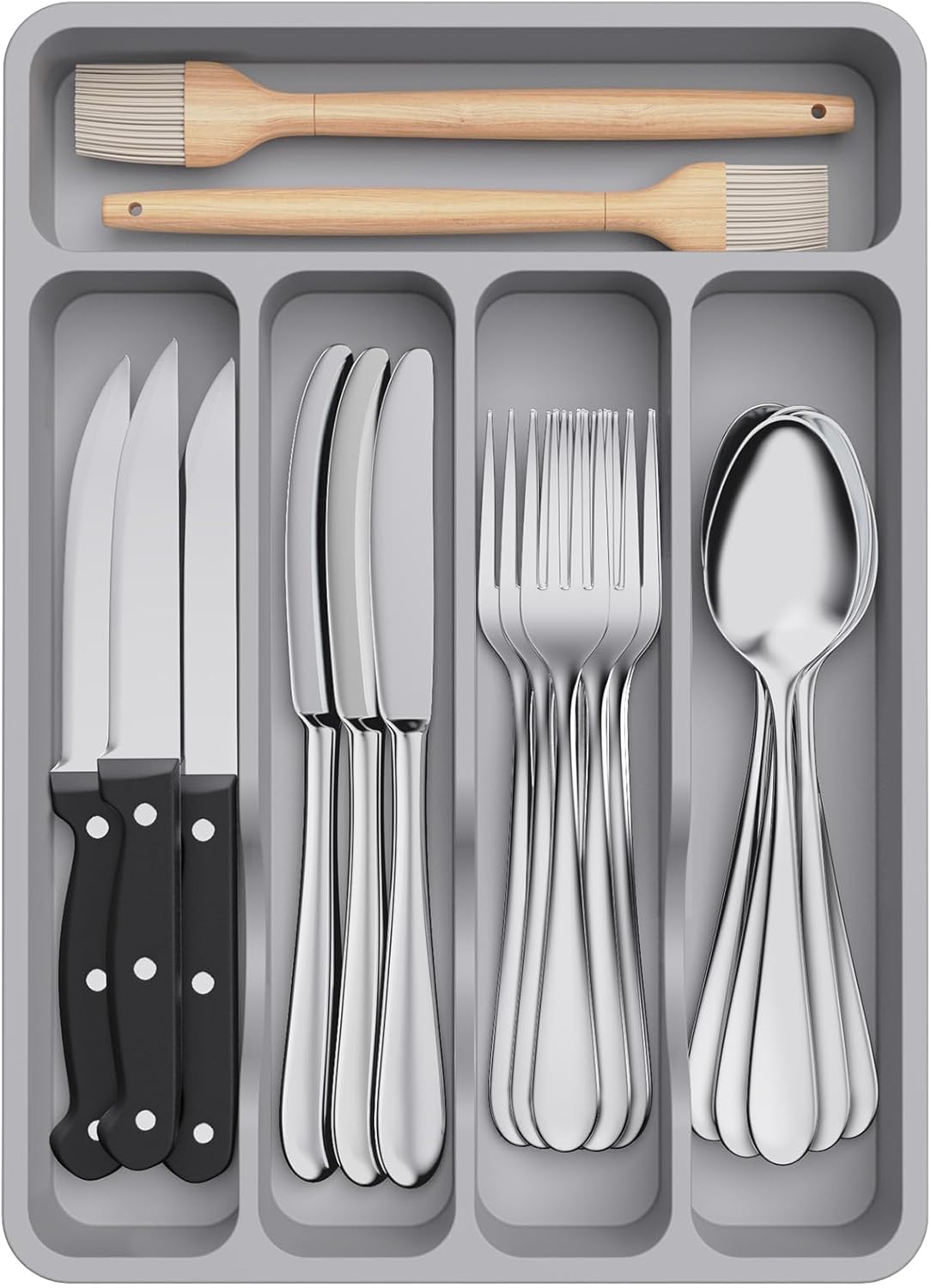 Silverware Drawer Organizer Tray, Plastic Cutlery Storage for Kitchen, Flatware and Utensil Holder Divider for Spoons Forks Knives Tableware, 9.1 x 12.6", 5 Slots, Black