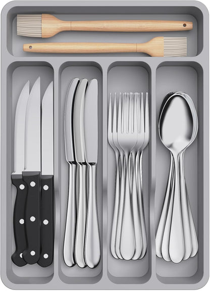 Silverware Drawer Organizer Tray, Plastic Cutlery Storage for Kitchen, Flatware and Utensil Holder Divider for Spoons Forks Knives Tableware, 9.1 x 12.6", 5 Slots, Black