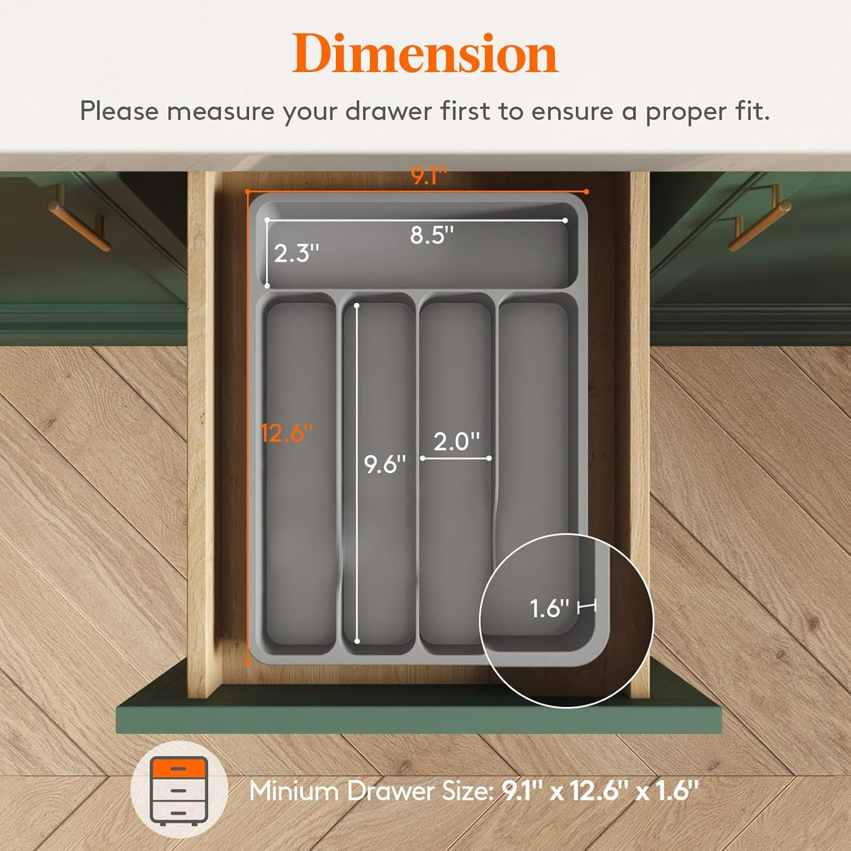 Silverware Drawer Organizer Tray, Plastic Cutlery Storage for Kitchen, Flatware and Utensil Holder Divider for Spoons Forks Knives Tableware, 9.1 x 12.6", 5 Slots, Black