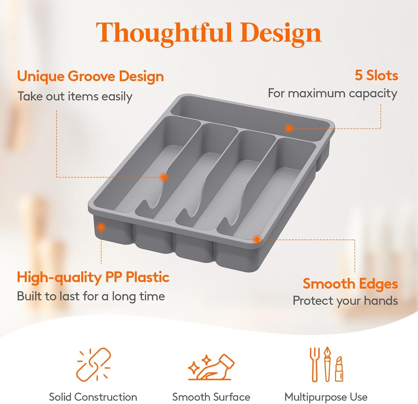 Silverware Drawer Organizer Tray, Plastic Cutlery Storage for Kitchen, Flatware and Utensil Holder Divider for Spoons Forks Knives Tableware, 9.1 x 12.6", 5 Slots, Black