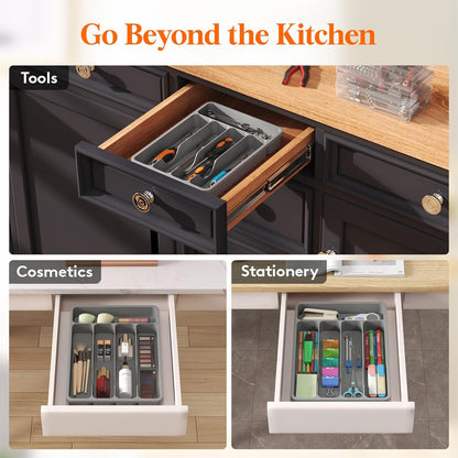 Silverware Drawer Organizer Tray, Plastic Cutlery Storage for Kitchen, Flatware and Utensil Holder Divider for Spoons Forks Knives Tableware, 9.1 x 12.6", 5 Slots, Black