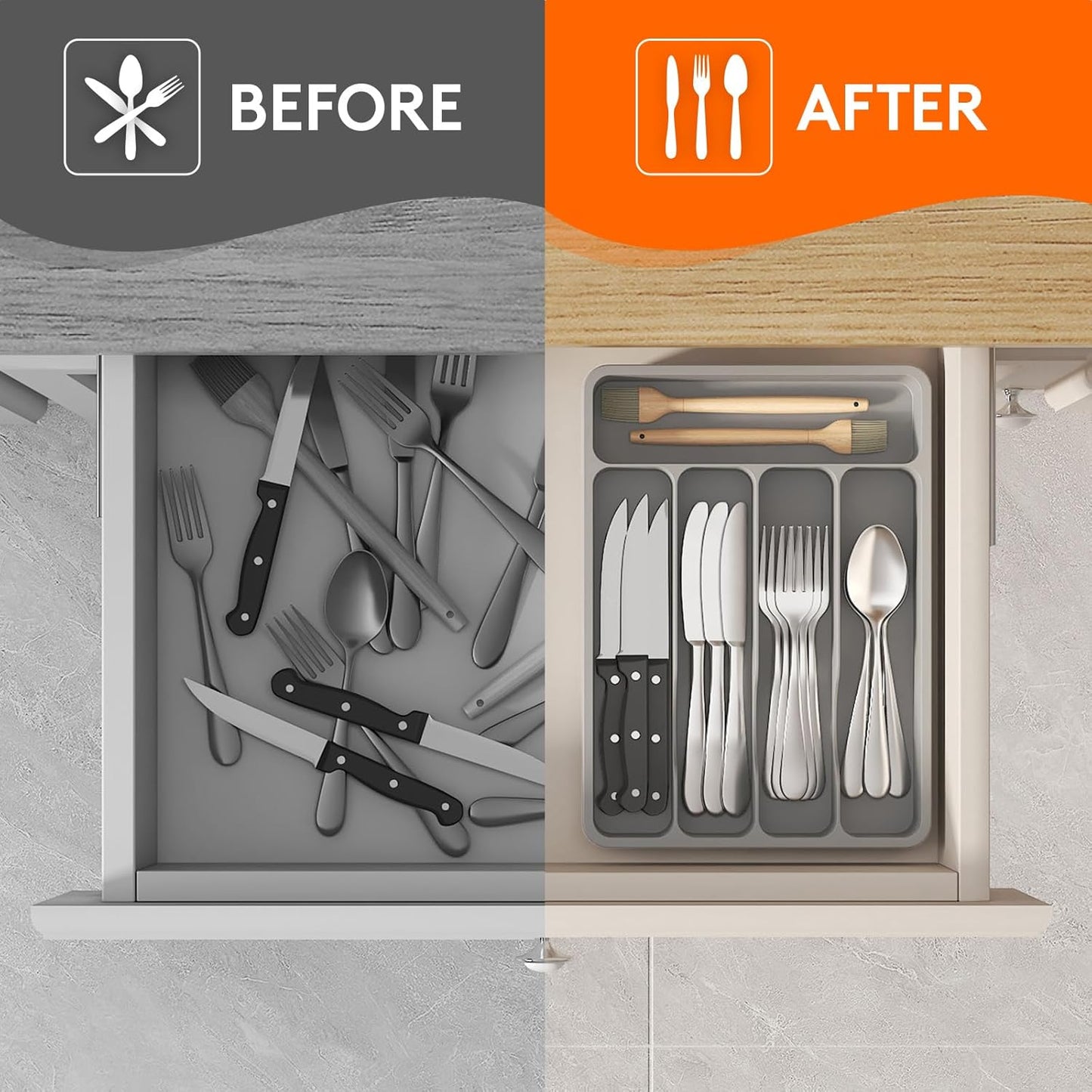 Silverware Drawer Organizer Tray, Plastic Cutlery Storage for Kitchen, Flatware and Utensil Holder Divider for Spoons Forks Knives Tableware, 9.1 x 12.6", 5 Slots, Black