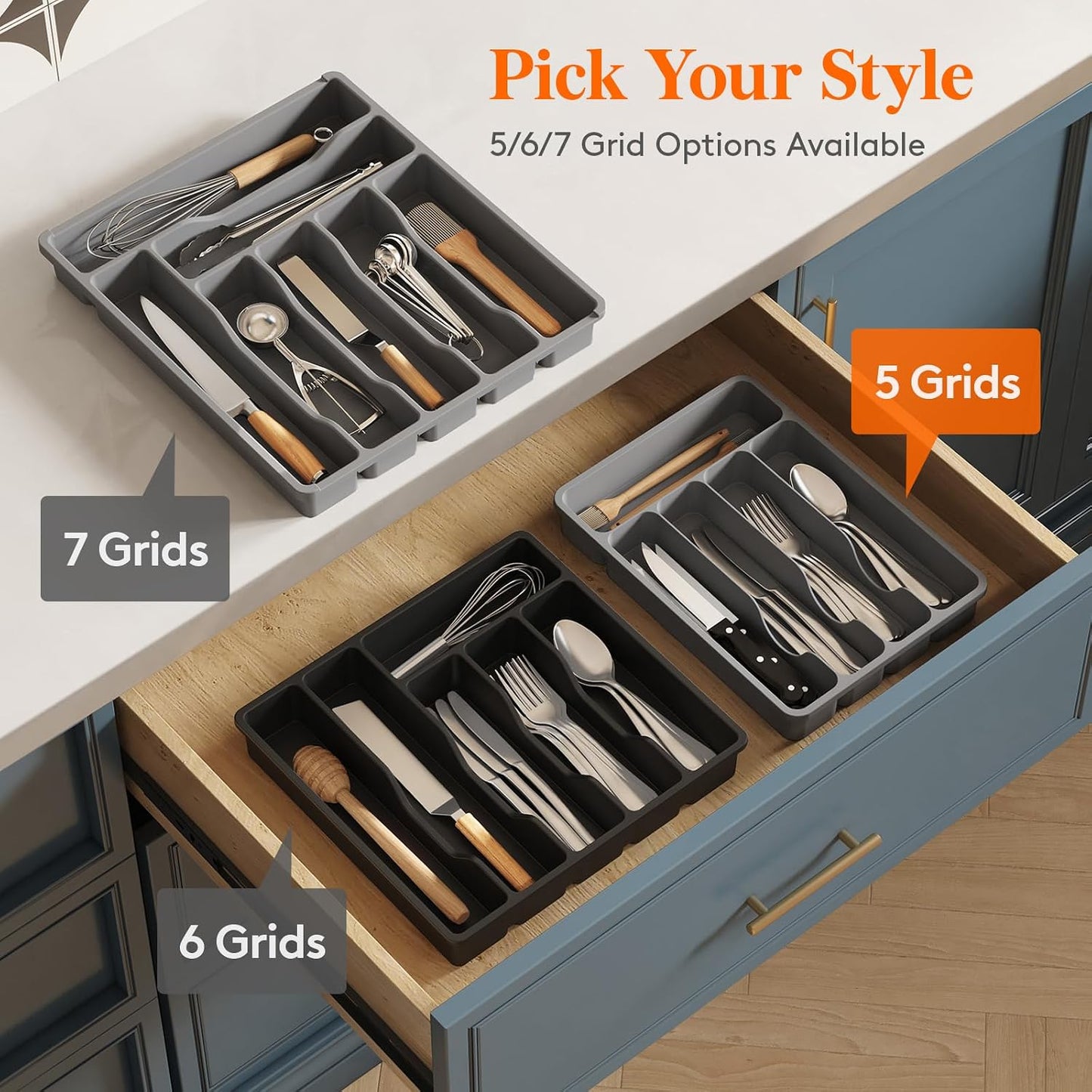 Silverware Drawer Organizer Tray, Plastic Cutlery Storage for Kitchen, Flatware and Utensil Holder Divider for Spoons Forks Knives Tableware, 9.1 x 12.6", 5 Slots, Black