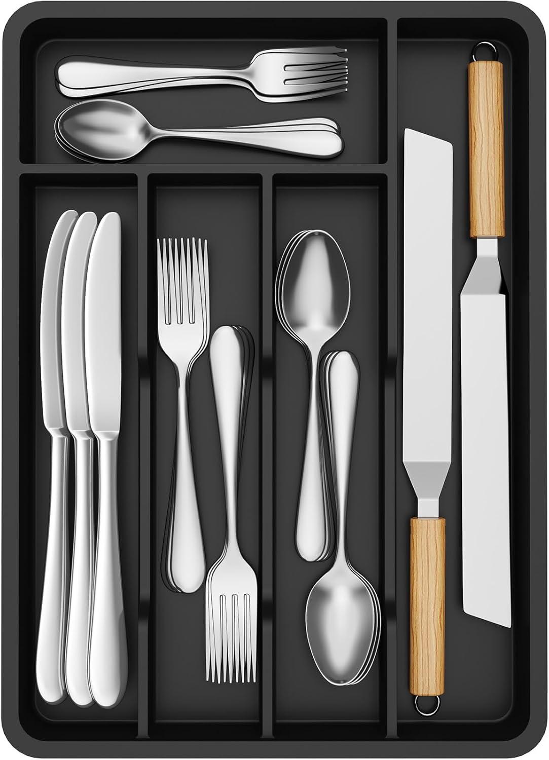 Silverware Drawer Organizer Tray, Plastic Cutlery Storage for Kitchen, Flatware and Utensil Holder Divider for Spoons Forks Knives Tableware, 9.1 x 12.6", 5 Slots, Black