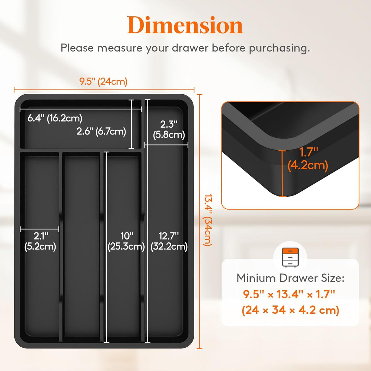 Silverware Drawer Organizer Tray, Plastic Cutlery Storage for Kitchen, Flatware and Utensil Holder Divider for Spoons Forks Knives Tableware, 9.1 x 12.6", 5 Slots, Black