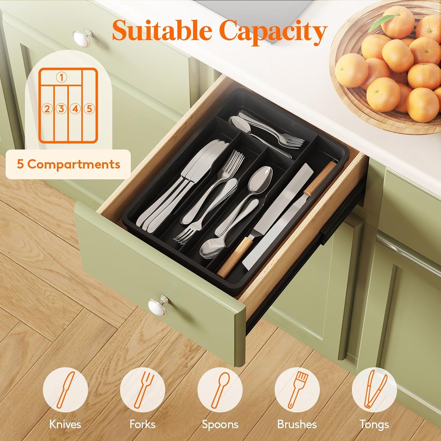 Silverware Drawer Organizer Tray, Plastic Cutlery Storage for Kitchen, Flatware and Utensil Holder Divider for Spoons Forks Knives Tableware, 9.1 x 12.6", 5 Slots, Black