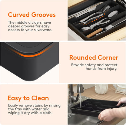 Silverware Drawer Organizer Tray, Plastic Cutlery Storage for Kitchen, Flatware and Utensil Holder Divider for Spoons Forks Knives Tableware, 9.1 x 12.6", 5 Slots, Black