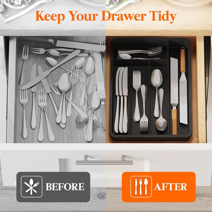 Silverware Drawer Organizer Tray, Plastic Cutlery Storage for Kitchen, Flatware and Utensil Holder Divider for Spoons Forks Knives Tableware, 9.1 x 12.6", 5 Slots, Black