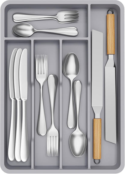 Silverware Drawer Organizer Tray, Plastic Cutlery Storage for Kitchen, Flatware and Utensil Holder Divider for Spoons Forks Knives Tableware, 9.1 x 12.6", 5 Slots, Black