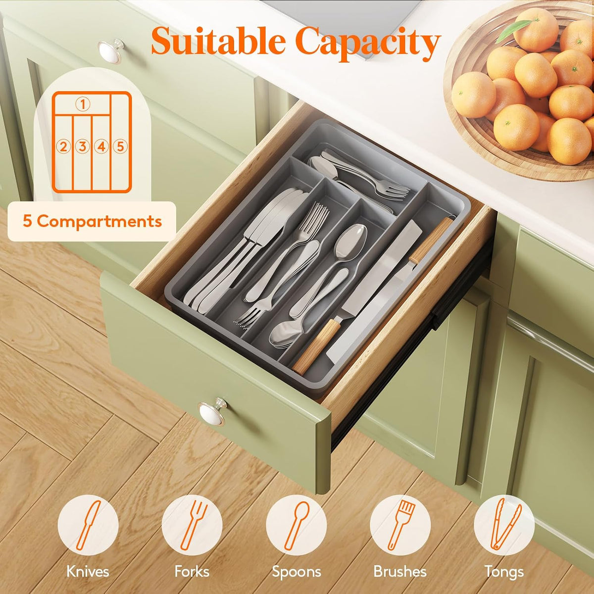 Silverware Drawer Organizer Tray, Plastic Cutlery Storage for Kitchen, Flatware and Utensil Holder Divider for Spoons Forks Knives Tableware, 9.1 x 12.6", 5 Slots, Black