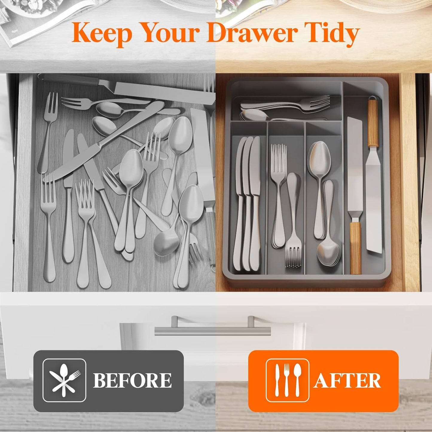 Silverware Drawer Organizer Tray, Plastic Cutlery Storage for Kitchen, Flatware and Utensil Holder Divider for Spoons Forks Knives Tableware, 9.1 x 12.6", 5 Slots, Black