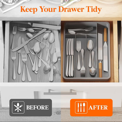 Silverware Drawer Organizer Tray, Plastic Cutlery Storage for Kitchen, Flatware and Utensil Holder Divider for Spoons Forks Knives Tableware, 9.1 x 12.6", 5 Slots, Black