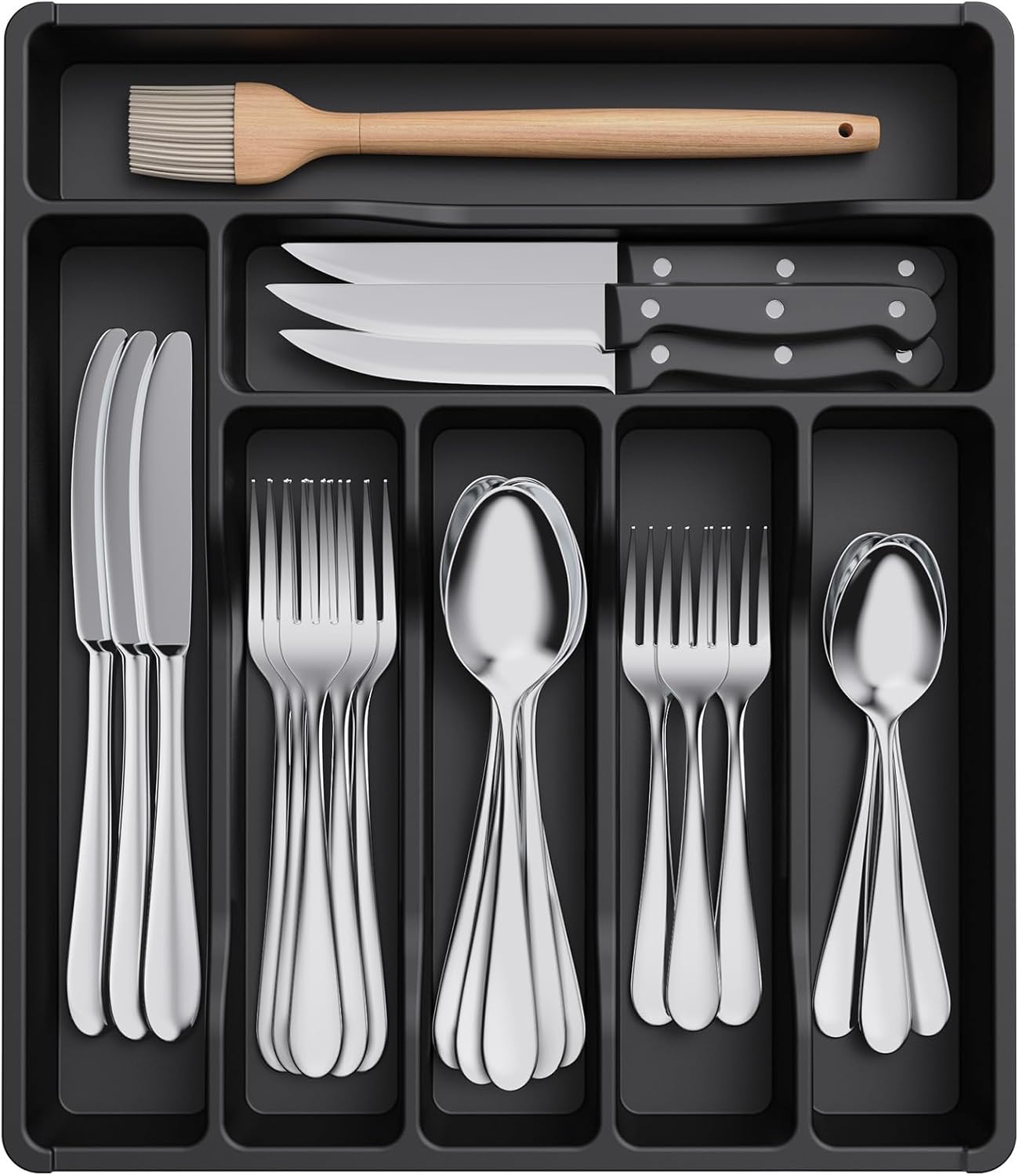 Silverware Drawer Organizer Tray, Plastic Cutlery Storage for Kitchen, Flatware and Utensil Holder Divider for Spoons Forks Knives Tableware, 9.1 x 12.6", 5 Slots, Black