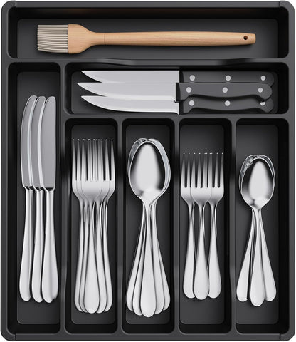 Silverware Drawer Organizer Tray, Plastic Cutlery Storage for Kitchen, Flatware and Utensil Holder Divider for Spoons Forks Knives Tableware, 9.1 x 12.6", 5 Slots, Black