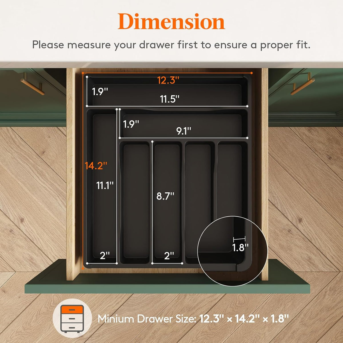 Silverware Drawer Organizer Tray, Plastic Cutlery Storage for Kitchen, Flatware and Utensil Holder Divider for Spoons Forks Knives Tableware, 9.1 x 12.6", 5 Slots, Black