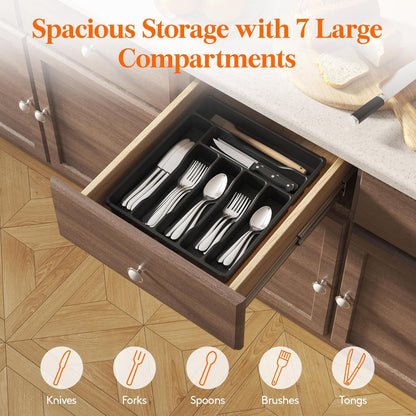 Silverware Drawer Organizer Tray, Plastic Cutlery Storage for Kitchen, Flatware and Utensil Holder Divider for Spoons Forks Knives Tableware, 9.1 x 12.6", 5 Slots, Black