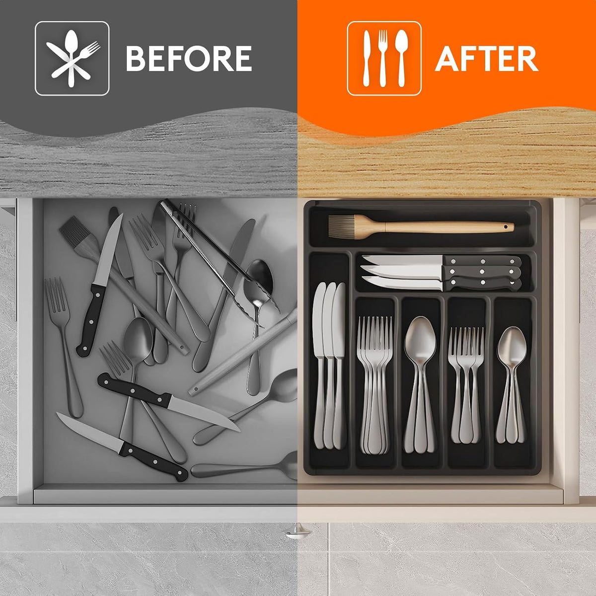 Silverware Drawer Organizer Tray, Plastic Cutlery Storage for Kitchen, Flatware and Utensil Holder Divider for Spoons Forks Knives Tableware, 9.1 x 12.6", 5 Slots, Black