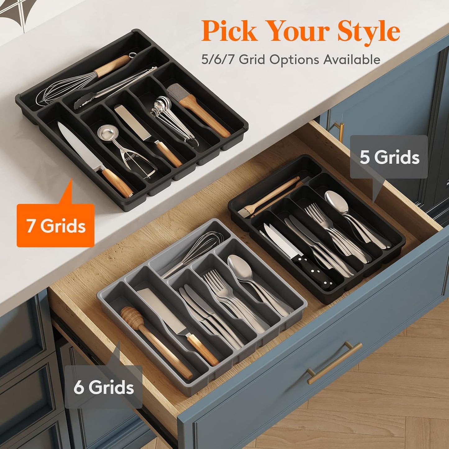 Silverware Drawer Organizer Tray, Plastic Cutlery Storage for Kitchen, Flatware and Utensil Holder Divider for Spoons Forks Knives Tableware, 9.1 x 12.6", 5 Slots, Black