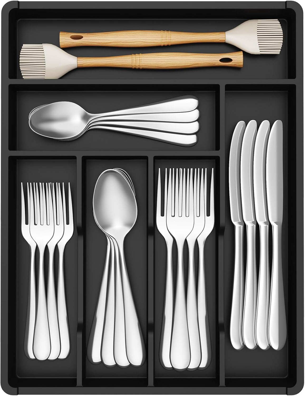 Silverware Drawer Organizer Tray, Plastic Cutlery Storage for Kitchen, Flatware and Utensil Holder Divider for Spoons Forks Knives Tableware, 9.1 x 12.6", 5 Slots, Black