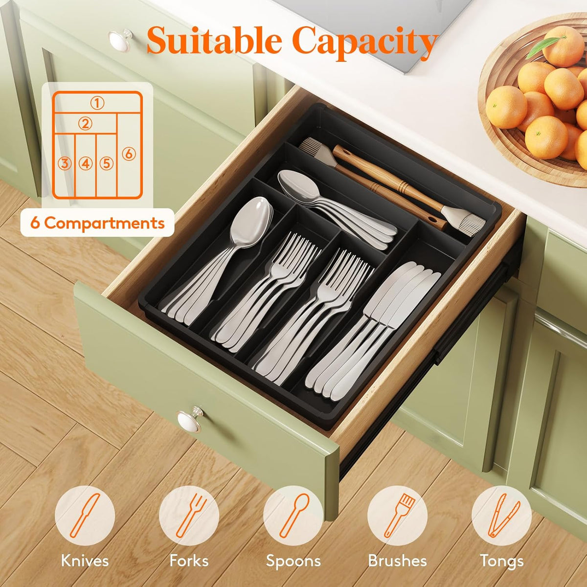 Silverware Drawer Organizer Tray, Plastic Cutlery Storage for Kitchen, Flatware and Utensil Holder Divider for Spoons Forks Knives Tableware, 9.1 x 12.6", 5 Slots, Black