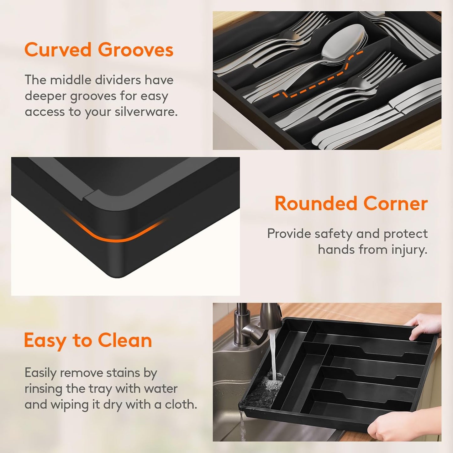 Silverware Drawer Organizer Tray, Plastic Cutlery Storage for Kitchen, Flatware and Utensil Holder Divider for Spoons Forks Knives Tableware, 9.1 x 12.6", 5 Slots, Black